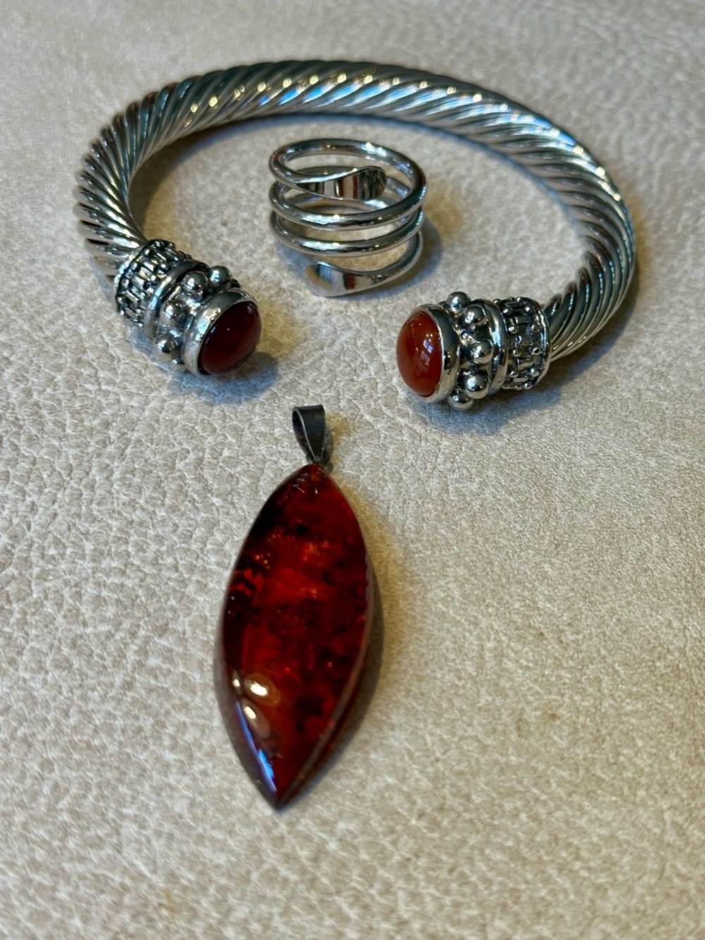 Beautiful 3 Piece Jewelry Set: A Navette Amber Pendant, Cuff Bracelet & Ring